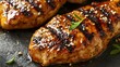 © fivan - Close up of sesame chicken with a teriyaki glaze, served on a textured stone background