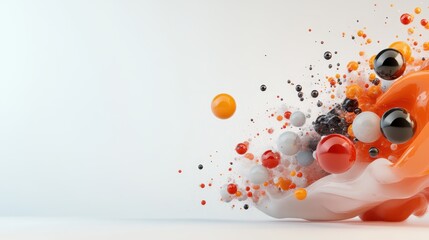 Poster - Dynamic abstract artwork featuring a burst of orange, red, and black spheres, symbolizing energy and creativity, with fluid forms expressing motion.