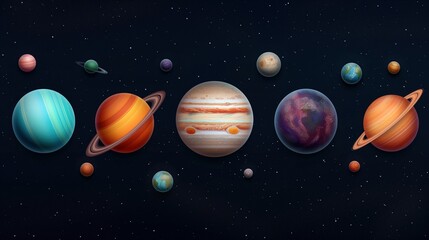 Aufkleber - Educative planets models in dark space 3d rendering image. Celestial bodies of various shapes in cosmos background wallpaper colorful realistic. Funny astronomy lesson concept idea