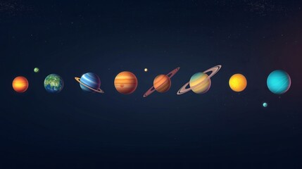Aufkleber - Abstract planetary system in dark cosmos 3d rendering image. Various cosmic spheres row arrangement background wallpaper colorful realistic. Learning astronomy concept idea