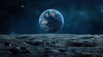 Aufkleber - Earth planet in starry sky view from moon image. Contemplating solar system body from asteroid photography scene wallpaper. Astronomy science discovery concept photorealistic photo