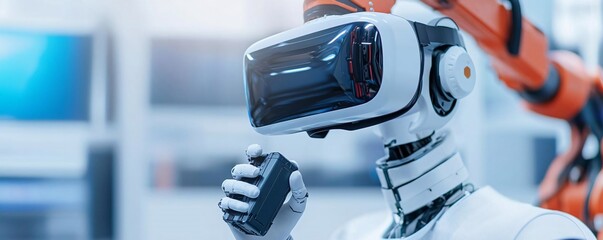 Poster - A futuristic robot interacting with virtual reality equipment in a modern industrial setting.