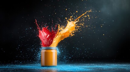 Poster - A stunning splash of red, orange, and blue paint erupts dynamically from a jar, symbolizing artistic creativity and expression while capturing vivid energy.