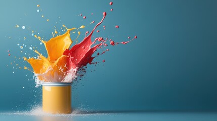 Poster - Red, orange, and yellow paint splashes erupt from a yellow jar against a blue background, symbolizing vibrant creativity and dynamic motion in art.