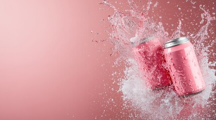 Poster - Two vibrant pink cans are captured in a dynamic splash of water against a pink background, creating a refreshing and energetic visual experience.