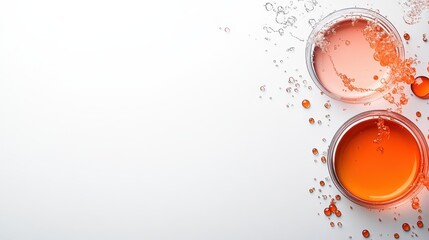 Poster - Clear petri dishes contain vibrant orange liquid, creating a visual ripple effect of color and motion, serving as a symbol of creativity and scientific exploration.