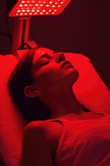 Canvas Print - Woman is laying on a bed with a red light shining on her face. The light is on a device that is emitting a red glow. The woman is relaxed and comfortable, as she is laying down on the bed