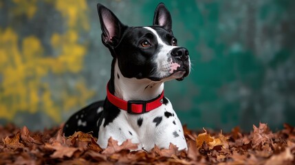 A black and white dog looks attentively while surrounded by autumn leaves, presenting vigilance and curiosity in a textured and vibrant environment.