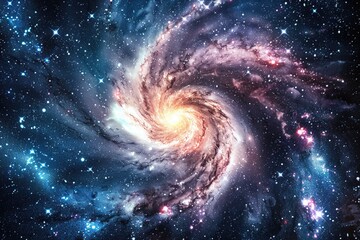 Wall Mural - spiral galaxy with a bright yellow star in the center. the galaxy is filled with stars and has a blu