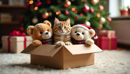 Ginger cat peeks out of a toy drive carton box with plush teddy bears amidst a cozy setting with a Christmas tree and gift boxes in the back, copy space