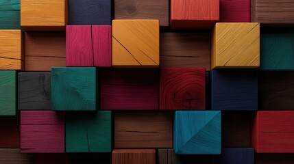 Aufkleber - An abstract arrangement of square-shaped wooden blocks in rich colors, creating a harmonious pattern, symbolizing unity and modern aesthetics in art.