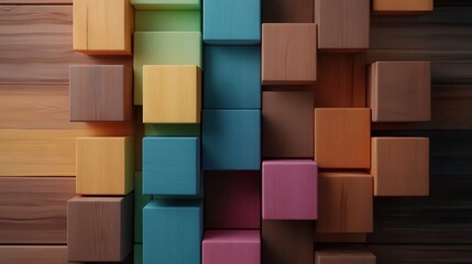 Aufkleber - An artistic arrangement of colorful wooden blocks stacked together creating a modern abstract pattern, depicting creativity, balance, and artistic style.