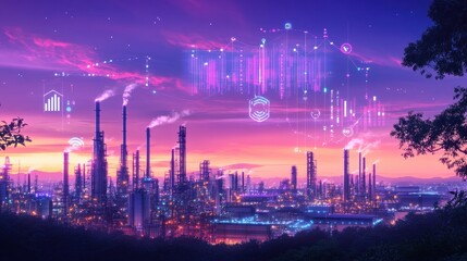 Wall Mural - Futuristic Cityscape with Glowing Holographic Elements