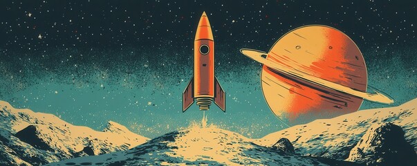 Wall Mural - illustrated retro rocket ship launching towards a distant planet