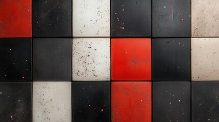 Aufkleber - Speckled red, black, and white tiles create an abstract visual composition, emblematic of modern artistic trends, blending texture with bold color contrasts.