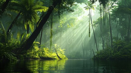 Poster - Exploring the vibrant life of a humid biome lush vegetation and tranquil waters in a pristine tropical environment