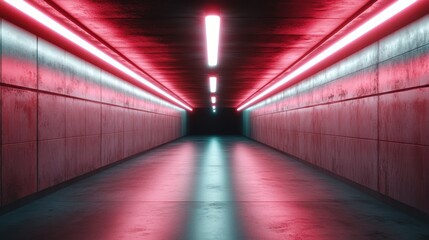 Poster - A vibrant depiction of a symmetrical corridor illuminated with vivid pink neon lights, creating a vivid blend of color and perspective in an urban setting.