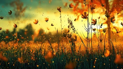 Poster - Morning dew glistening on grass in a humid environment nature closeup vibrant landscape tranquil viewpoint dewdrops and greenery concept