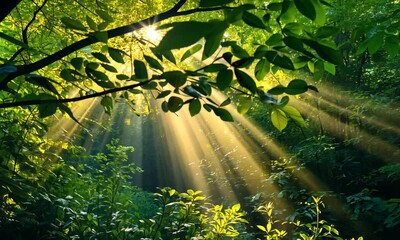 Wall Mural - a serene forest scene with sunlight streaming through leaves, creating a tranquil atmosphere and hig