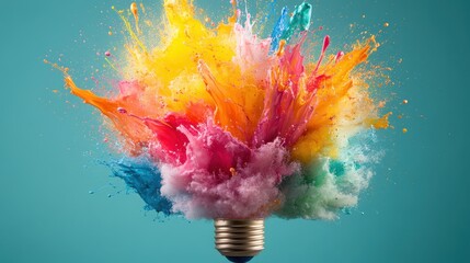 Poster - A vivid explosion of colorful paint spewing from a light bulb, symbolizing the burst of creativity and innovative ideas in a conceptual art piece.