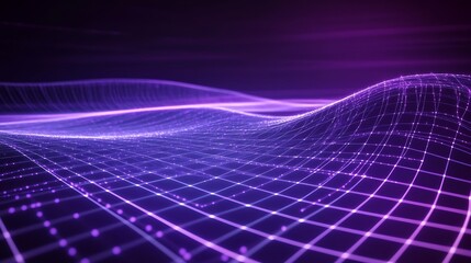 Poster - abstract 3d wave background with purple grid and light particles for digital and technology concepts