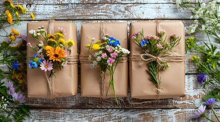 Wall Mural - Emotional Gift: A Rustic Present with Dried Flower Design and Sustainable Elements