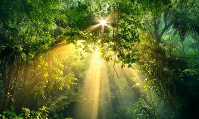Wall Mural - a serene forest scene with sunlight streaming through trees, creating a tranquil atmosphere filled w
