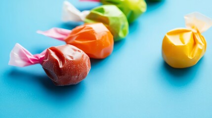 Canvas Print - a row of colorful candies on a blue background.
