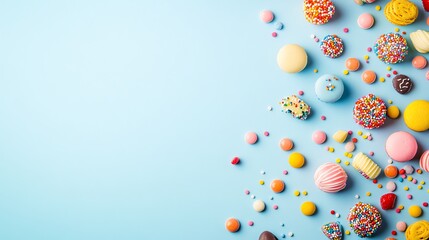 Canvas Print - colorful candy and sprinkles scattered on a blue background.