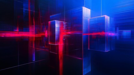 Poster - Abstract Digital Background with Neon Light Beams and Geometric Shapes in Blue and Red Color Palette