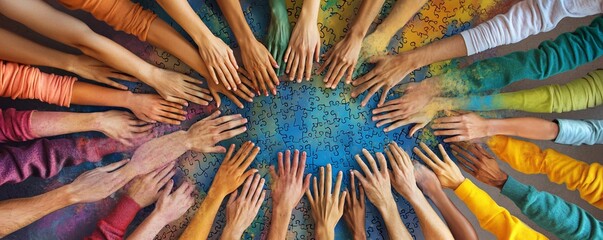 Poster - People joining hands showing collaboration and teamwork on puzzle pieces