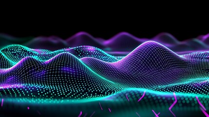 Poster - abstract digital landscape of colorful waves with vivid lights and dots in a futuristic style