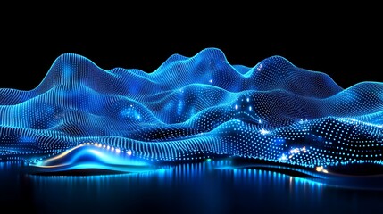 Poster - abstract digital landscape with blue light waves and glowing dots on black background