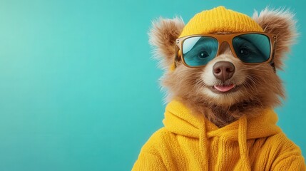 A trendy raccoon dressed in a cozy yellow hoodie and oversized blue sunglasses radiates charm and coolness, standing confidently against a bright teal backdrop.