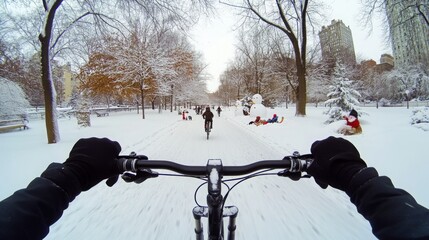 Aufkleber - Riding a bike on a snow-packed path surrounded by winter scenery, trees, and people enjoying various activities. Snowmen and cheerful decorations add to the festive atmosphere in the park.