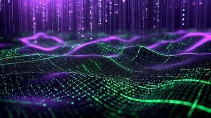 Poster - abstract digital landscape with flowing waves and data streams in purple and green tones