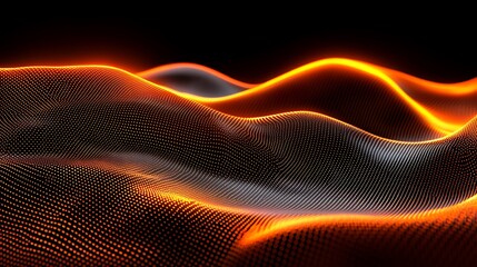 Poster - Abstract Digital Landscape with Flowing Waves of Light and Texture in Neon Orange and Black Background