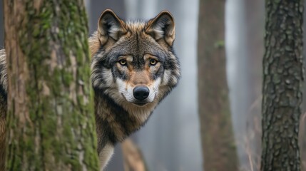 A wolf in the woods staring intently at the camera.