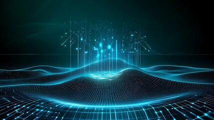 Poster - abstract digital landscape with glowing particles and vectors in blue and black background