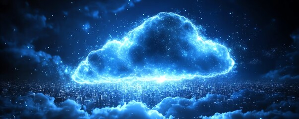 Fototapete - Cloud computing concept illustrated by a glowing digital cloud above a city