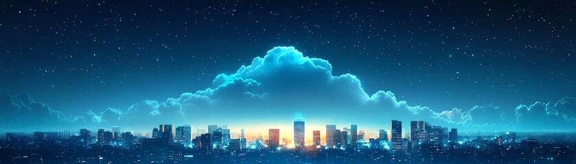 Fototapete - Cloud computing concept with a digital cloud hovering over a cityscape, symbolizing data storage, technology, and the future of urban connectivity in a modern, techdriven world