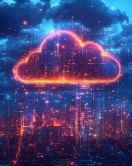 Fototapete - Cloud computing concept with a digital cloud hovering over a cityscape, symbolizing data storage, technology, and the future of urban connectivity in a modern, techdriven world