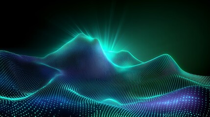 Poster - abstract digital landscape with glowing wave patterns in blue and green colors on dark background