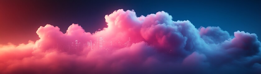 Fototapete - Cloud computing concept with a digital cloud hovering over a cityscape, symbolizing data storage, technology, and the future of urban connectivity in a modern, techdriven world
