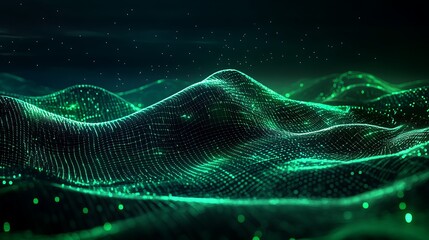 Poster - Abstract Digital Landscape with Green Mesh Waves and Glowing Particles on Dark Background