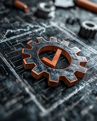 Fototapete - Gears and a checkmark representing process optimization