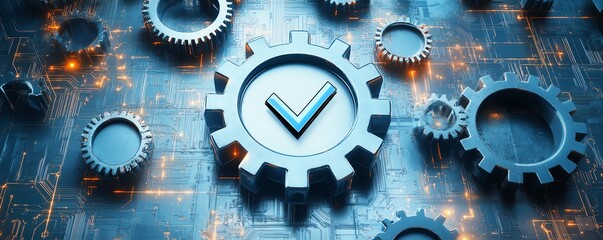 Fototapete - Gears and a checkmark in a conceptual design