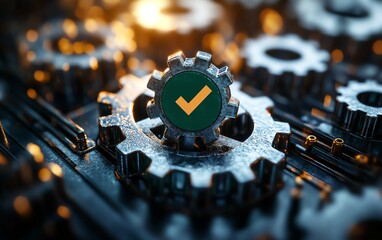 Fototapete - Gears and a checkmark symbolizing process optimization and quality assurance