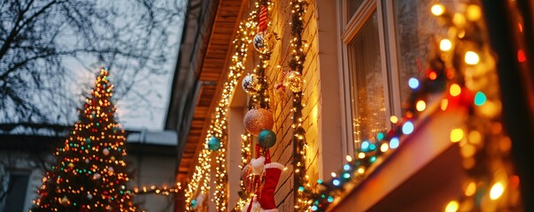 Aufkleber - Christmas lights decorating building and christmas tree at dusk
