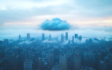 Poster - A digital cloud floating over a bustling cityscape